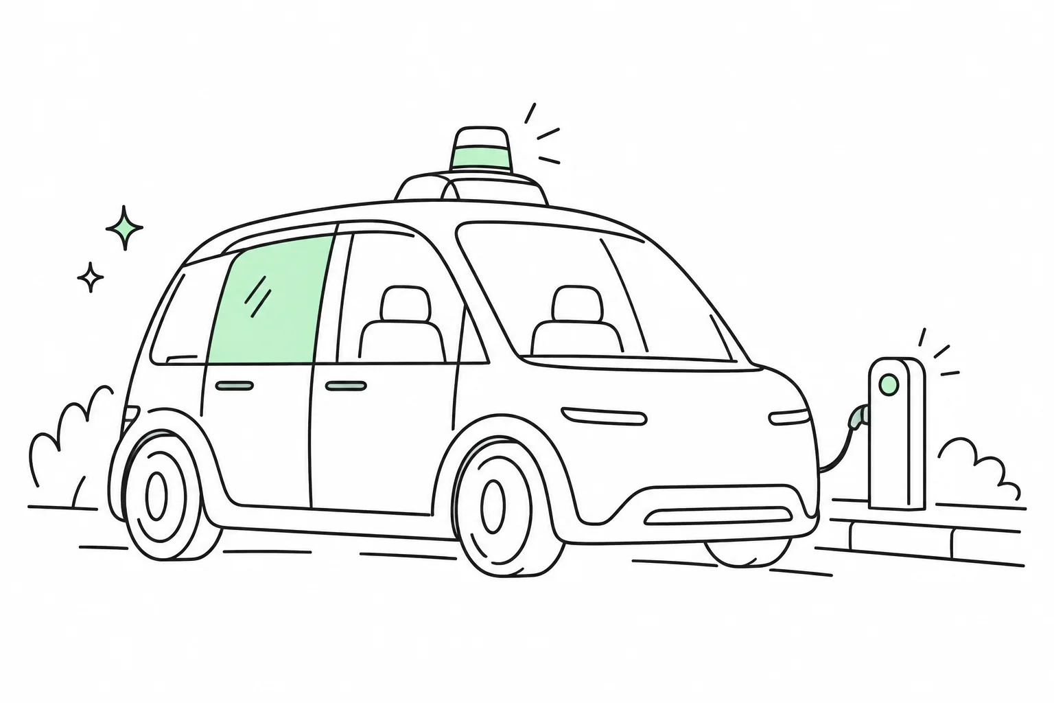 Line drawing of a driverless taxi at a charging point